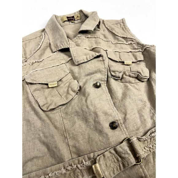 Y2K Utility Linen Vest Tan Safari Vibes Outdoorsy Core Sz S - Picture 3 of 12